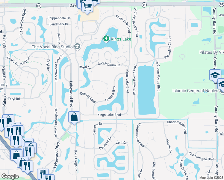 map of restaurants, bars, coffee shops, grocery stores, and more near 2299 Queens Way in Naples