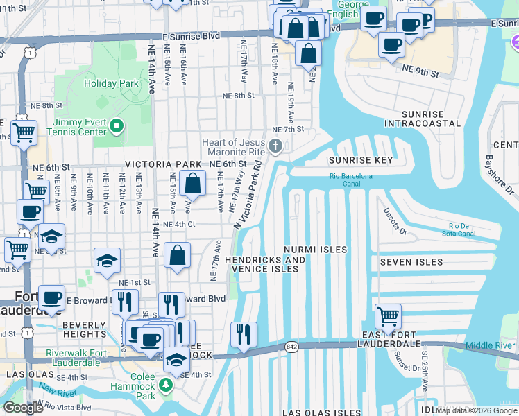 map of restaurants, bars, coffee shops, grocery stores, and more near 411 Hendricks Isle in Fort Lauderdale