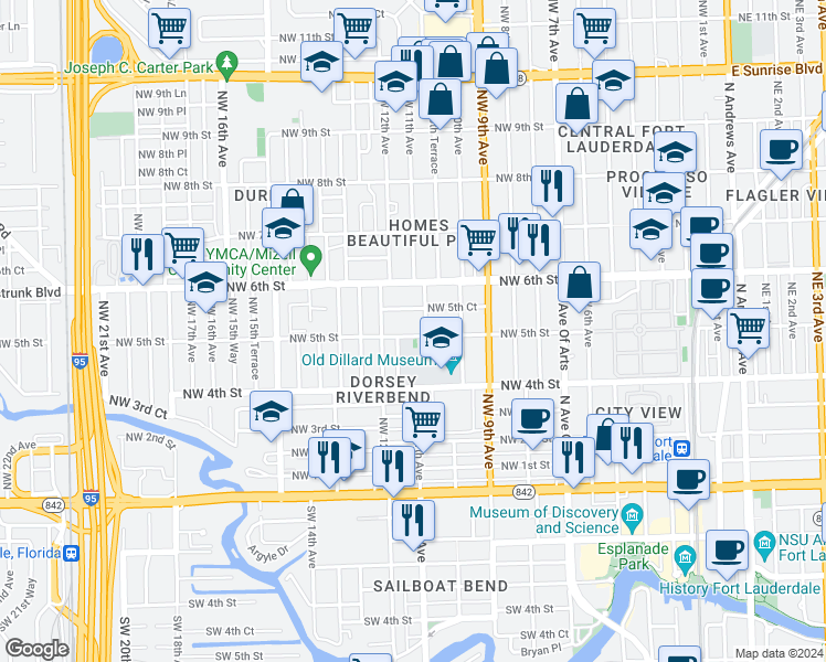 map of restaurants, bars, coffee shops, grocery stores, and more near 1109 Northwest 5th Street in Fort Lauderdale