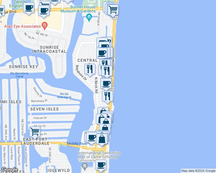 map of restaurants, bars, coffee shops, grocery stores, and more near 321 North Fort Lauderdale Beach Boulevard in Fort Lauderdale