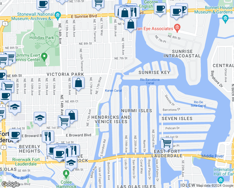 map of restaurants, bars, coffee shops, grocery stores, and more near 411 Hendricks Isle in Fort Lauderdale