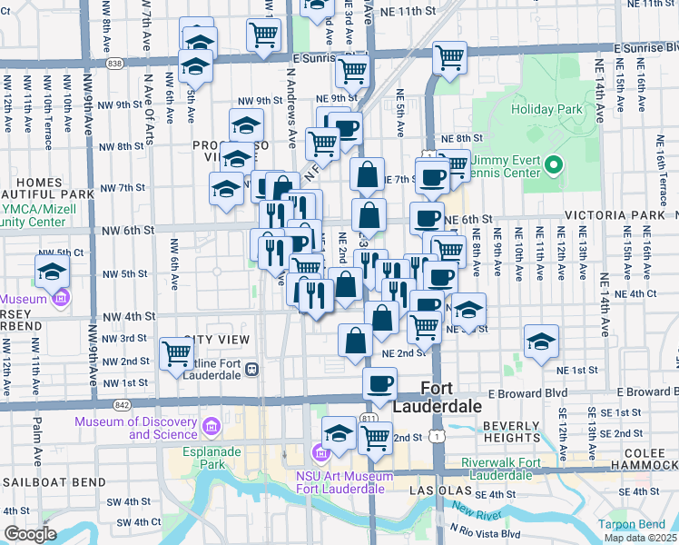 map of restaurants, bars, coffee shops, grocery stores, and more near 425 Northeast 2nd Avenue in Fort Lauderdale