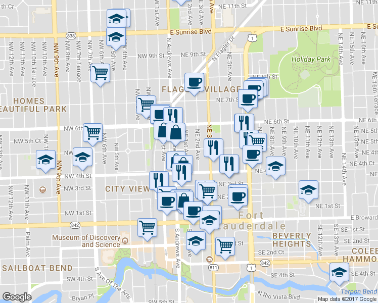 map of restaurants, bars, coffee shops, grocery stores, and more near 419 Northeast 2nd Avenue in Fort Lauderdale