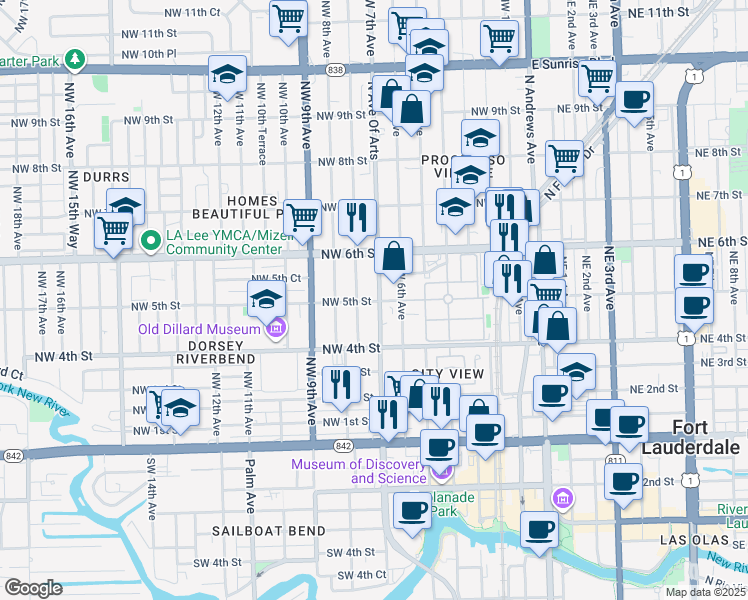 map of restaurants, bars, coffee shops, grocery stores, and more near 435 Northwest 7th Avenue in Fort Lauderdale