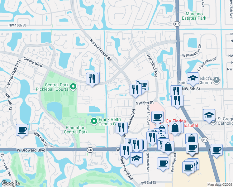 map of restaurants, bars, coffee shops, grocery stores, and more near 565 North Pine Island Road in Plantation