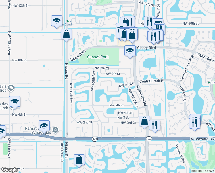 map of restaurants, bars, coffee shops, grocery stores, and more near 106 The Common in Plantation