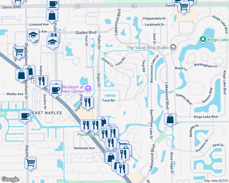 map of restaurants, bars, coffee shops, grocery stores, and more near 131 Teryl Road in Naples