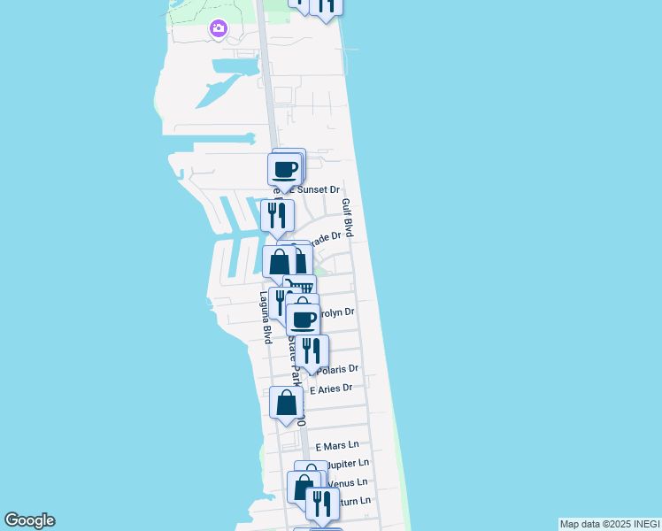 map of restaurants, bars, coffee shops, grocery stores, and more near 123 East Morningside Drive in South Padre Island