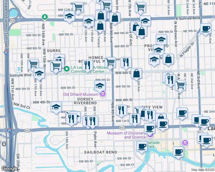 map of restaurants, bars, coffee shops, grocery stores, and more near 429 Northwest 9th Avenue in Fort Lauderdale