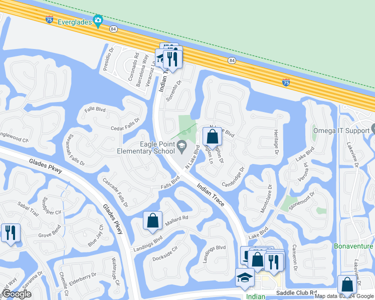 map of restaurants, bars, coffee shops, grocery stores, and more near 100 Indian Trace in Weston