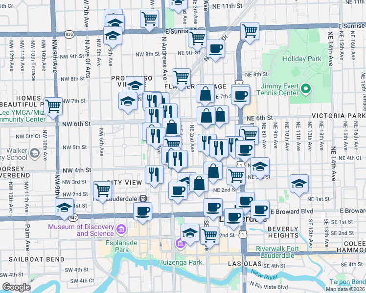 map of restaurants, bars, coffee shops, grocery stores, and more near 419 Northeast 2nd Avenue in Fort Lauderdale