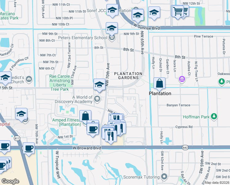 map of restaurants, bars, coffee shops, grocery stores, and more near 6905 Northwest 4th Court in Plantation