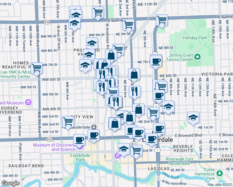 map of restaurants, bars, coffee shops, grocery stores, and more near 404 North Andrews Avenue in Fort Lauderdale