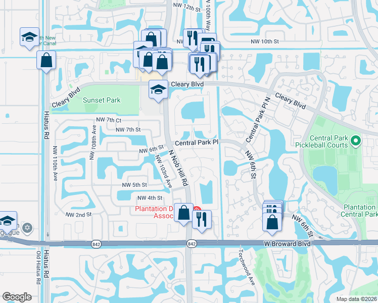 map of restaurants, bars, coffee shops, grocery stores, and more near 10188 Northwest 4th Street in Plantation