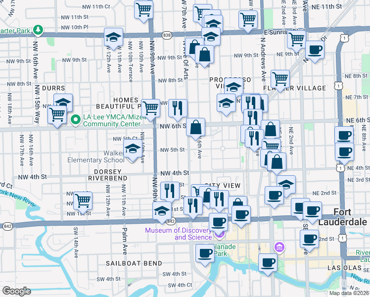 map of restaurants, bars, coffee shops, grocery stores, and more near 435 Northwest 7th Avenue in Fort Lauderdale