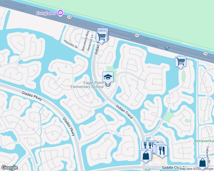 map of restaurants, bars, coffee shops, grocery stores, and more near 100 Indian Trace in Weston