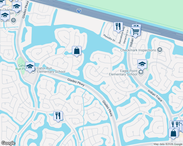 map of restaurants, bars, coffee shops, grocery stores, and more near 951 Savannah Falls Drive in Weston