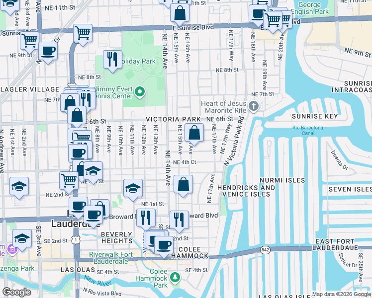 map of restaurants, bars, coffee shops, grocery stores, and more near 501 Northeast 15th Avenue in Fort Lauderdale