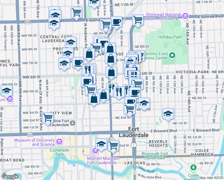 map of restaurants, bars, coffee shops, grocery stores, and more near 512 Northeast 3rd Avenue in Fort Lauderdale