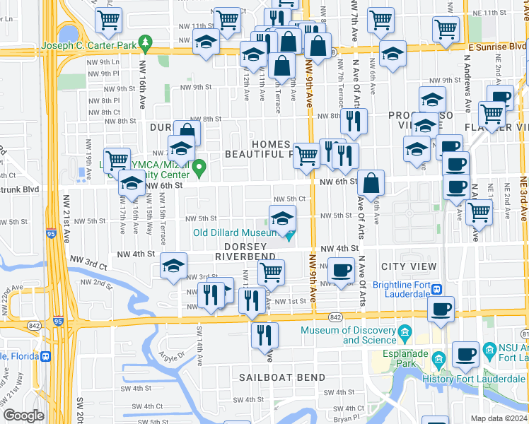map of restaurants, bars, coffee shops, grocery stores, and more near 1117 Northwest 5th Court in Fort Lauderdale