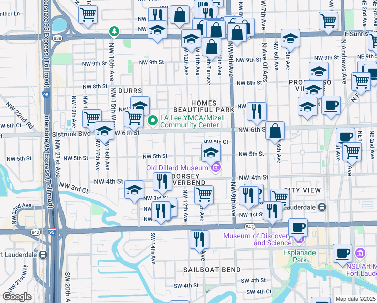 map of restaurants, bars, coffee shops, grocery stores, and more near 1117 Northwest 5th Court in Fort Lauderdale