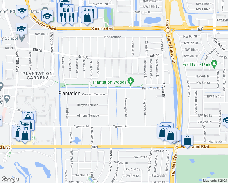 map of restaurants, bars, coffee shops, grocery stores, and more near 5840 Palm Tree Road in Plantation