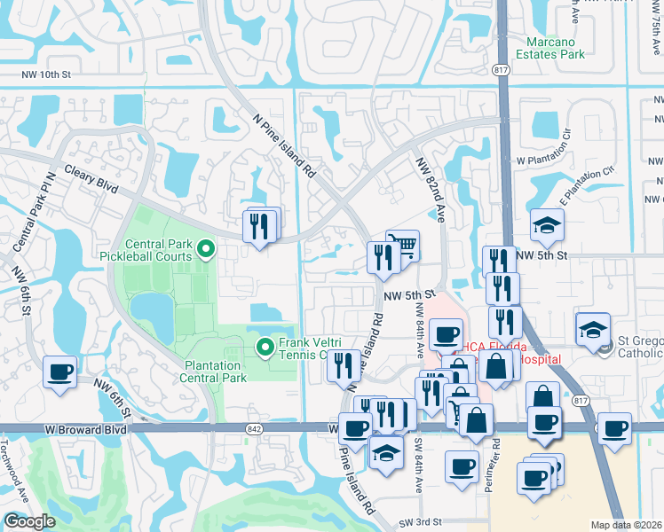 map of restaurants, bars, coffee shops, grocery stores, and more near 751 North Pine Island Road in Plantation
