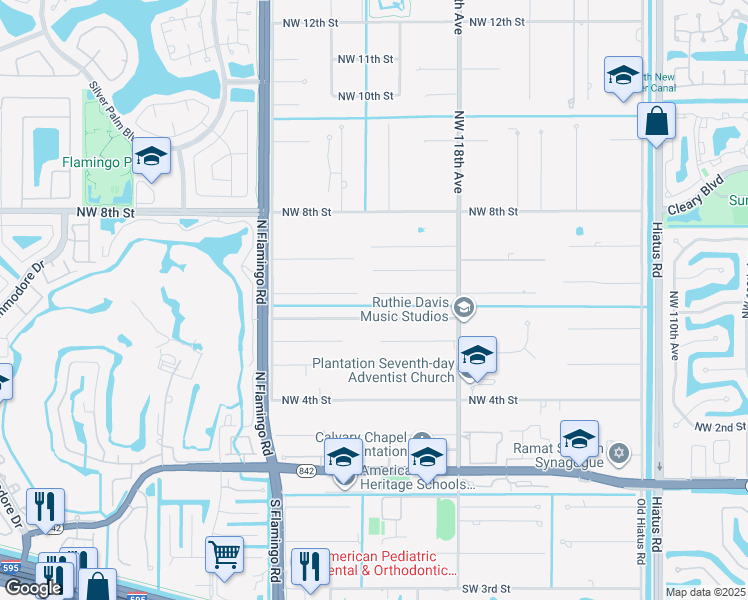 map of restaurants, bars, coffee shops, grocery stores, and more near 12001 Northwest 6th Street in Plantation