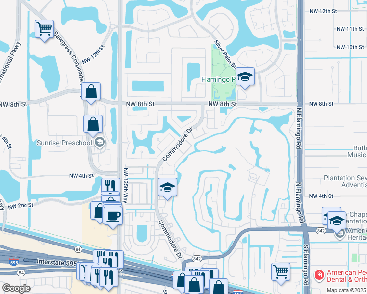map of restaurants, bars, coffee shops, grocery stores, and more near 13400 Northwest 5th Court in Plantation