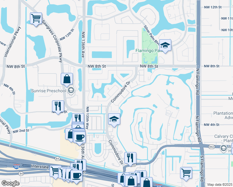map of restaurants, bars, coffee shops, grocery stores, and more near 13400 Northwest 5th Court in Plantation