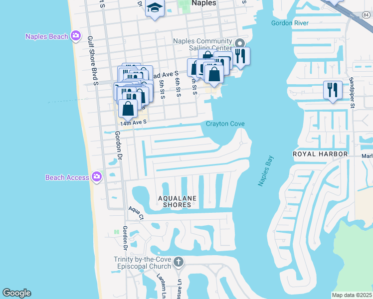 map of restaurants, bars, coffee shops, grocery stores, and more near 608 16th Avenue South in Naples