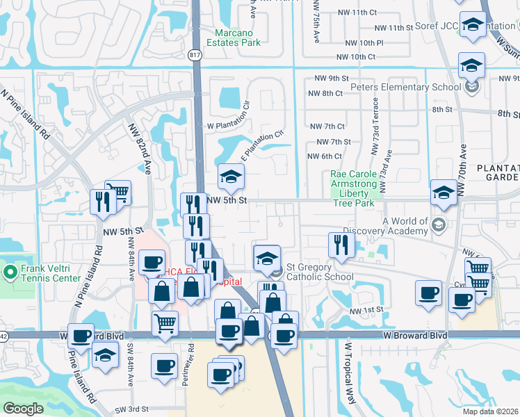map of restaurants, bars, coffee shops, grocery stores, and more near 501 Northwest 78th Terrace in Plantation