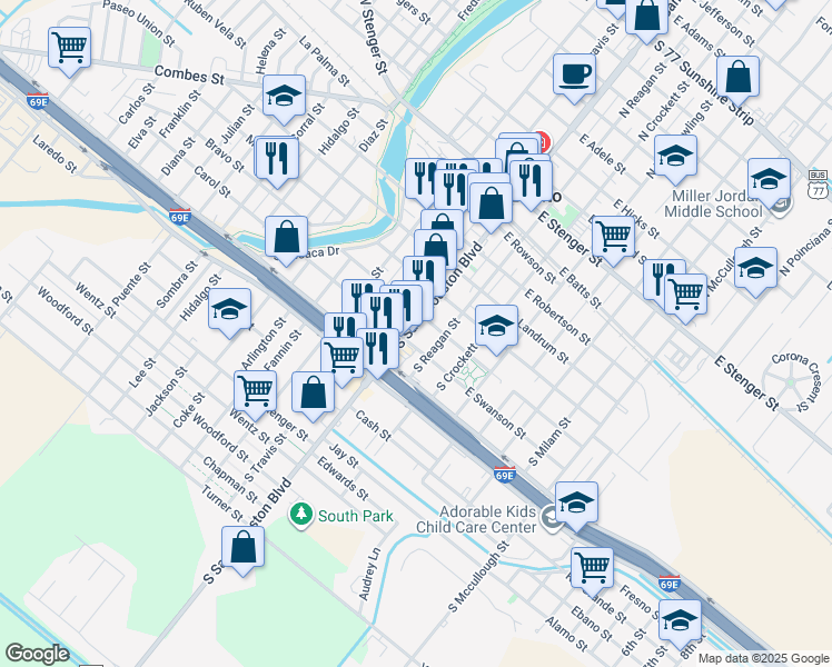 map of restaurants, bars, coffee shops, grocery stores, and more near 111 West Brooks Street in San Benito