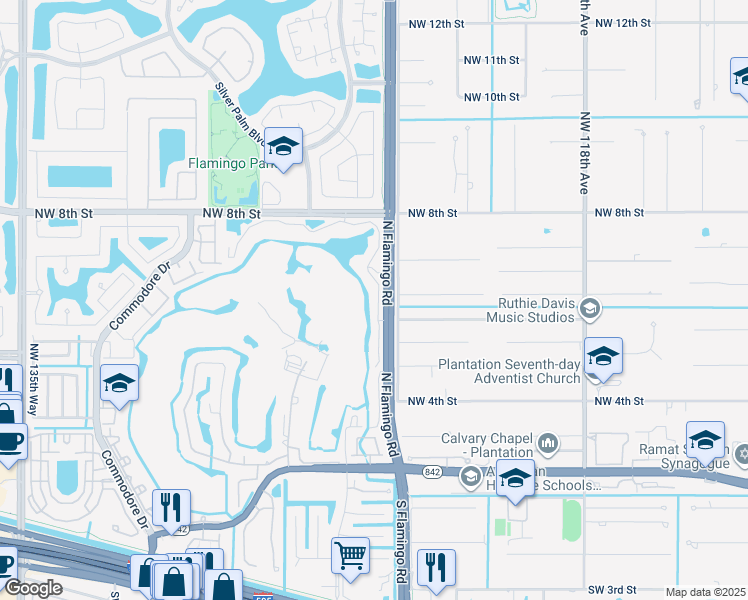 map of restaurants, bars, coffee shops, grocery stores, and more near in Sunrise