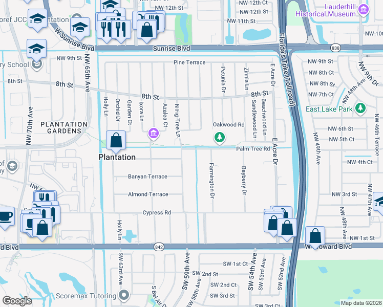 map of restaurants, bars, coffee shops, grocery stores, and more near 5840 Palm Tree Road in Plantation