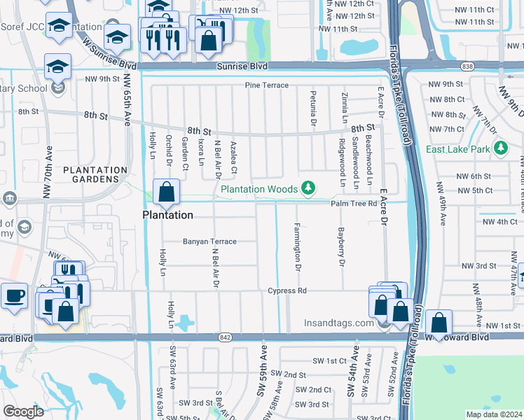 map of restaurants, bars, coffee shops, grocery stores, and more near 5840 Palm Tree Road in Plantation