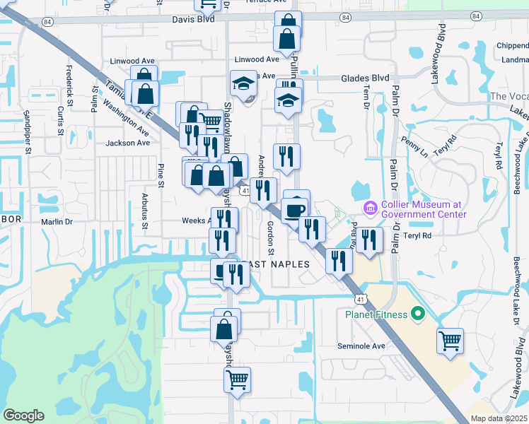map of restaurants, bars, coffee shops, grocery stores, and more near 3115 U.S. 41 in Naples