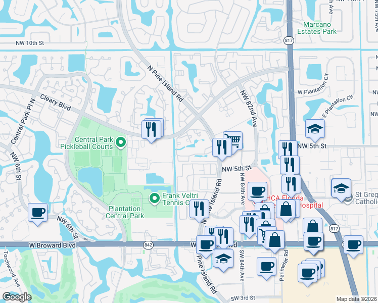 map of restaurants, bars, coffee shops, grocery stores, and more near 751 North Pine Island Road in Plantation