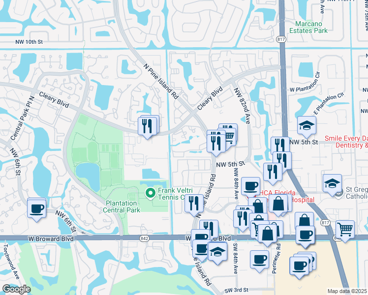 map of restaurants, bars, coffee shops, grocery stores, and more near 751 North Pine Island Road in Plantation