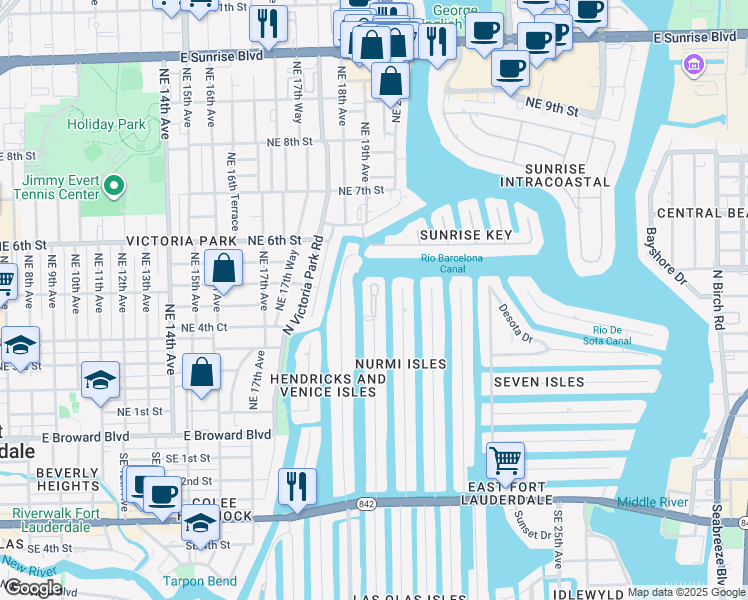 map of restaurants, bars, coffee shops, grocery stores, and more near 180 Isle of Venice Drive in Fort Lauderdale