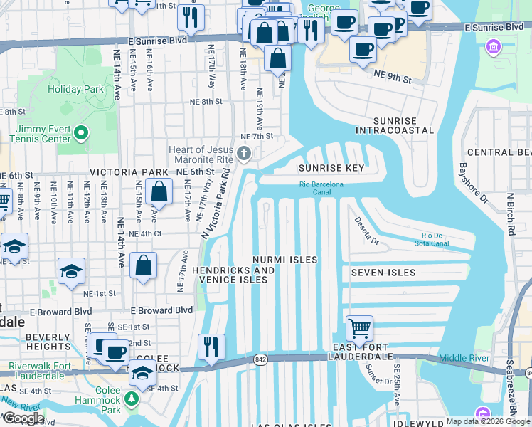 map of restaurants, bars, coffee shops, grocery stores, and more near 180 Isle of Venice Drive in Fort Lauderdale