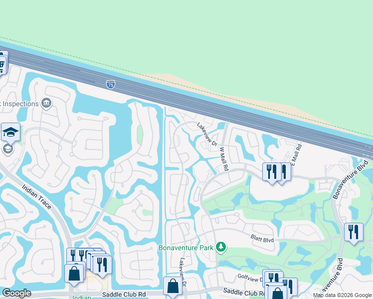 map of restaurants, bars, coffee shops, grocery stores, and more near 715 Lakeview Drive in Weston