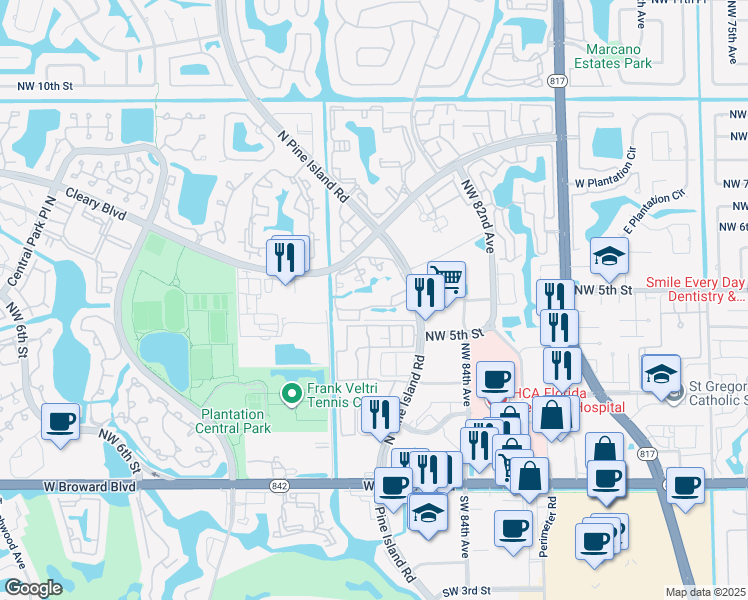 map of restaurants, bars, coffee shops, grocery stores, and more near 711 North Pine Island Road in Plantation