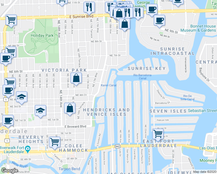 map of restaurants, bars, coffee shops, grocery stores, and more near 506 Victoria Terrace in Fort Lauderdale
