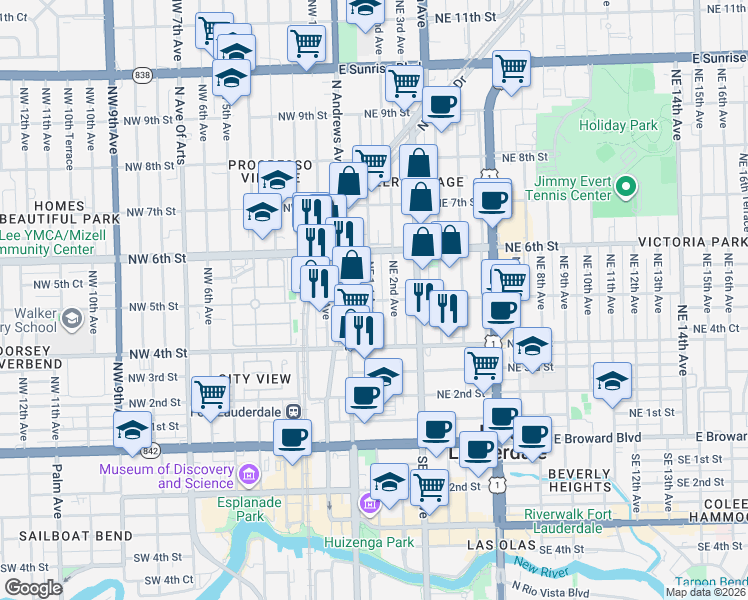 map of restaurants, bars, coffee shops, grocery stores, and more near 513 Northeast 2nd Avenue in Fort Lauderdale