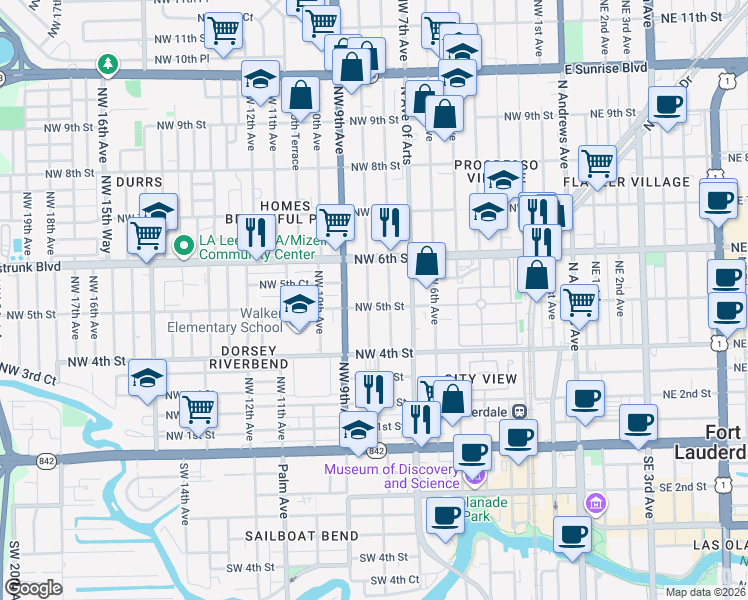 map of restaurants, bars, coffee shops, grocery stores, and more near 524 Northwest 8th Avenue in Fort Lauderdale