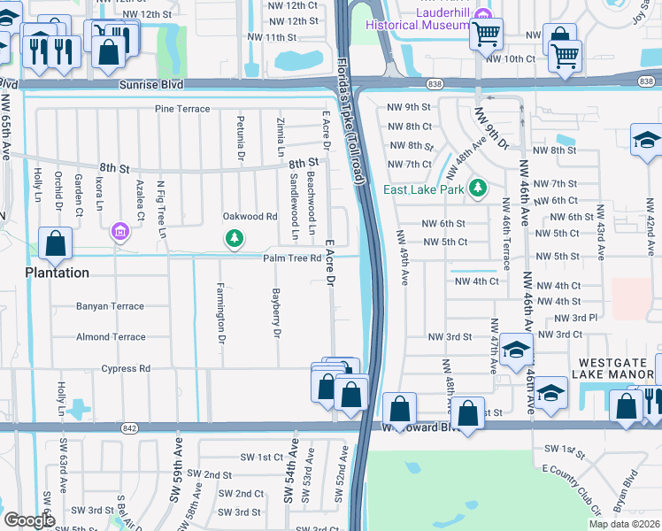 map of restaurants, bars, coffee shops, grocery stores, and more near 5300 Redwood Road in Plantation