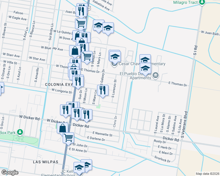 map of restaurants, bars, coffee shops, grocery stores, and more near 313 West David Avenue in Pharr