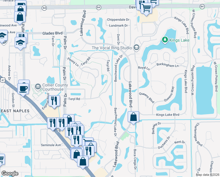 map of restaurants, bars, coffee shops, grocery stores, and more near 581 Teryl Road in Naples