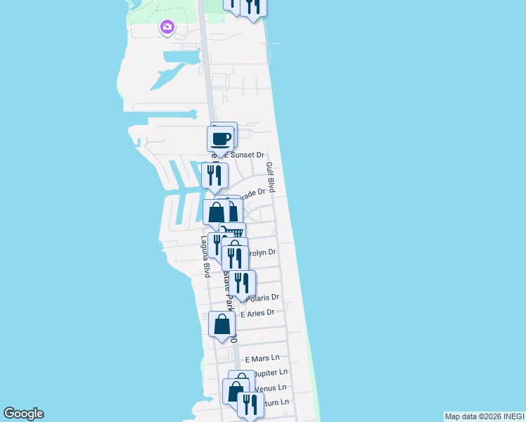map of restaurants, bars, coffee shops, grocery stores, and more near 120 Coronado Drive in South Padre Island